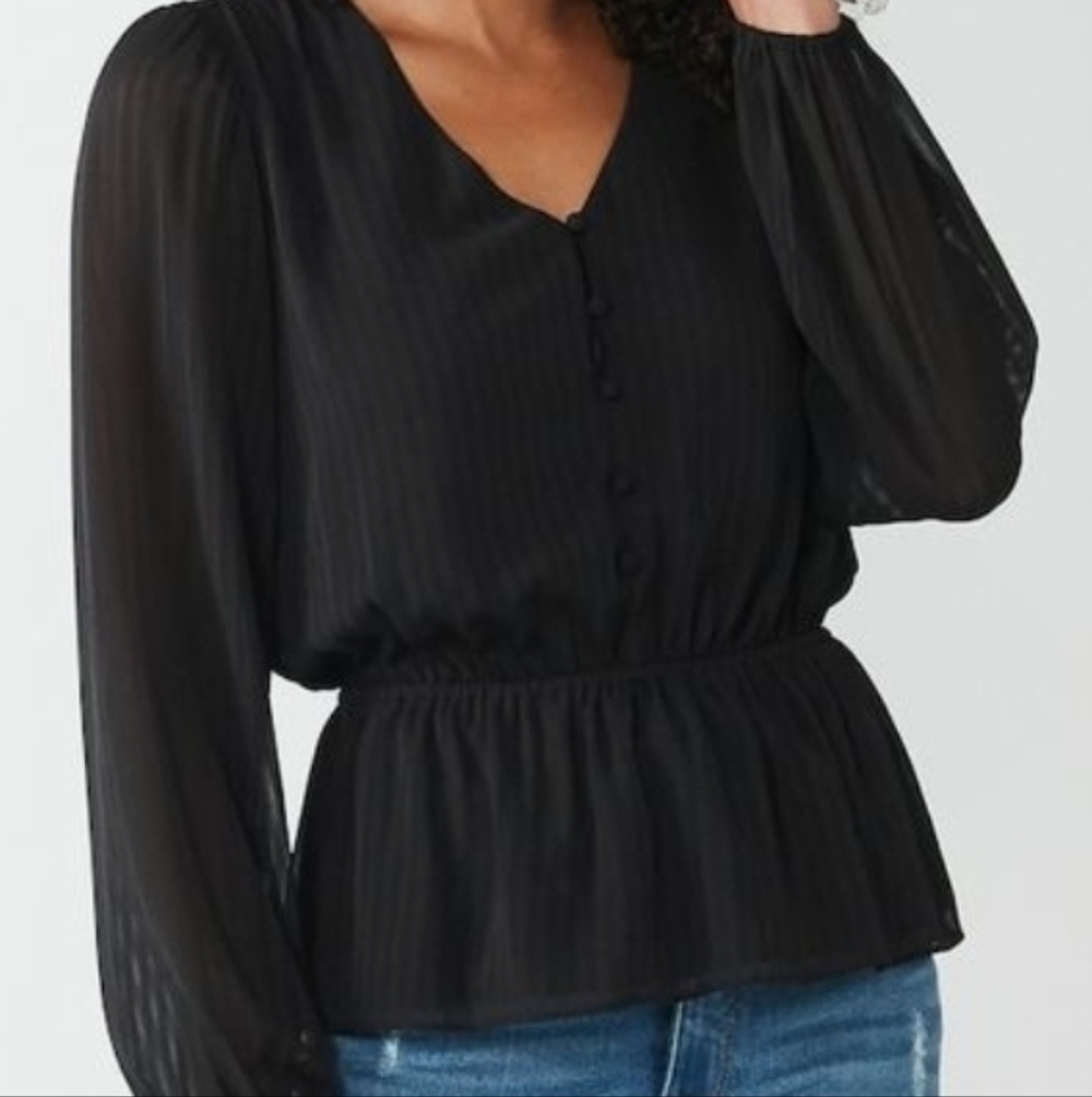 Nine West Black Sheer Stripe Peplum Blouse Women’s XL